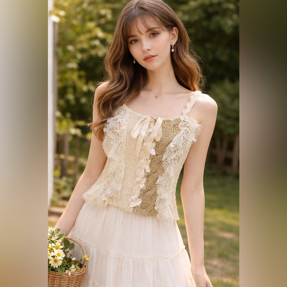 Anna Molinari Lace Trimmed Cream Knit Top NWT